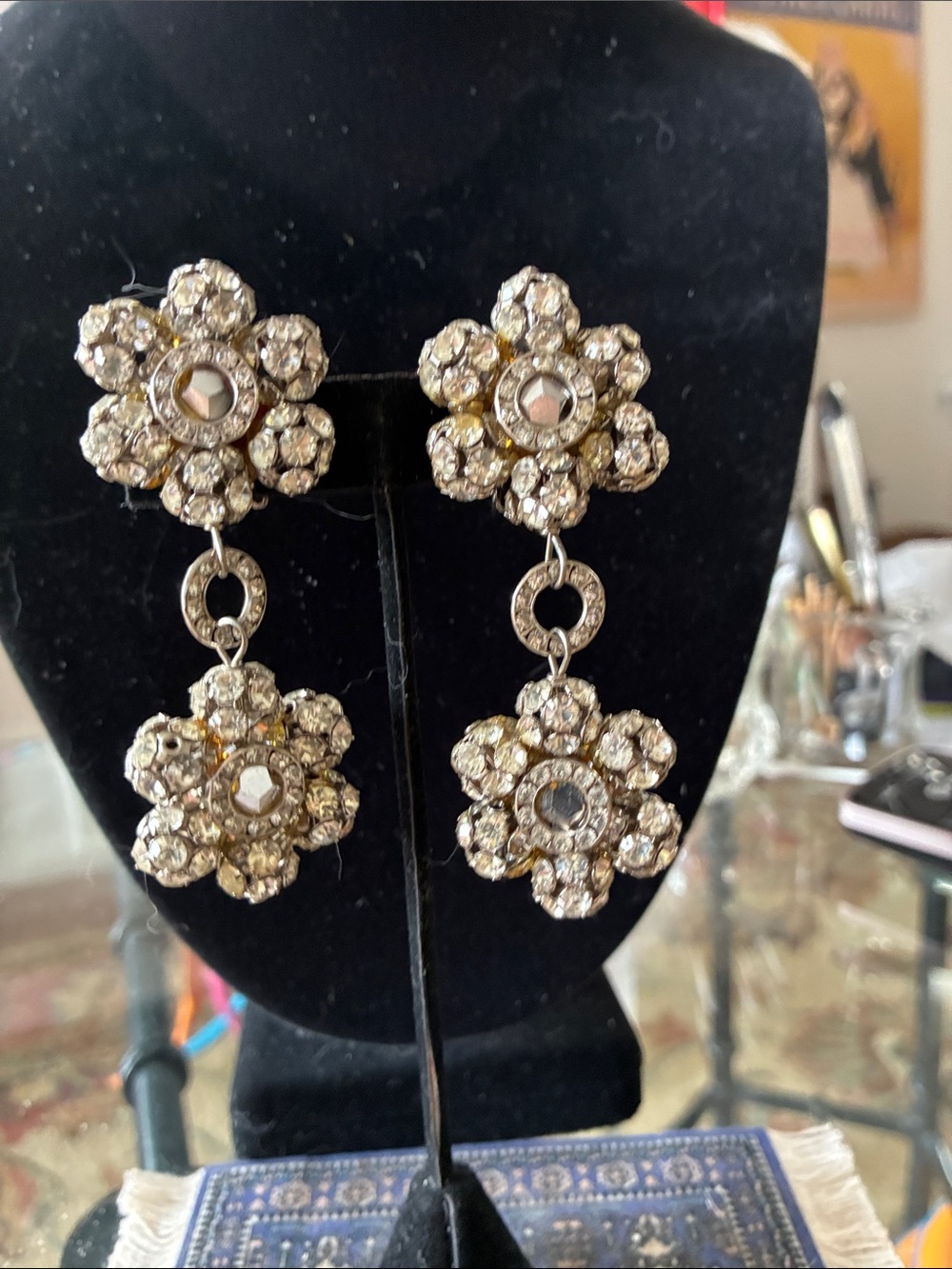 Crystal Flower Drop Earrings - Gold Tone